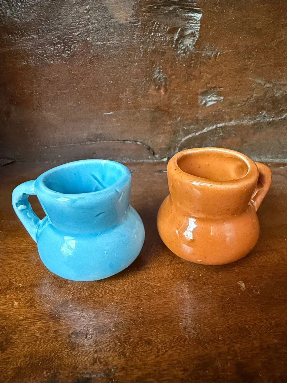Pair of Small Ceramic Mini Pitchers - Blue & Orange